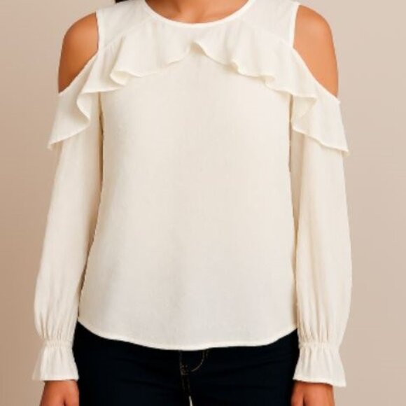 Cece | Ivory Coquette Cold Shoulder Long Sleeve Ruffle Blouse Top | Size Small - Picture 1 of 12